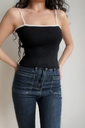Sexy Minimalist Color-Blocking High-Waisted Knitted Camisole for Women - European American Style Slim-Fit Top