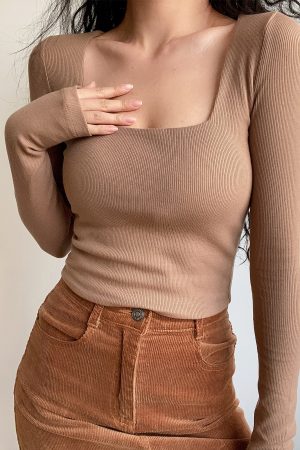Sexy Minimalist Square Neck Long Sleeve T-Shirt Top - High-Waisted Slim Fit Solid Color - European American Style