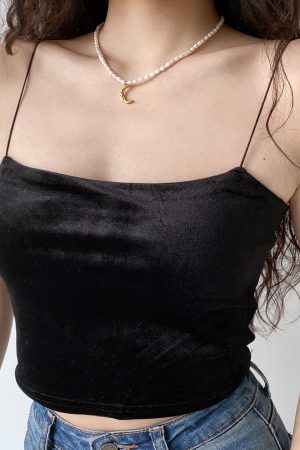 Sexy Off-Shoulder Velvet Camisole Crop Top for Women - Thin Strap High-Waisted Y2K Style
