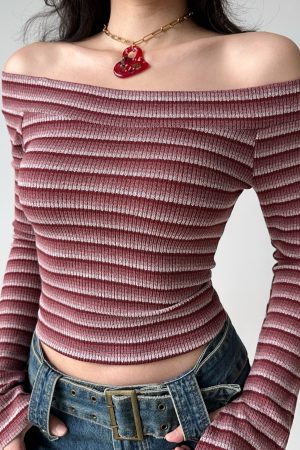 Sexy Off-the-Shoulder Striped Knitted Crop Top for Women - Slim Fit European and American Style Fashion Top