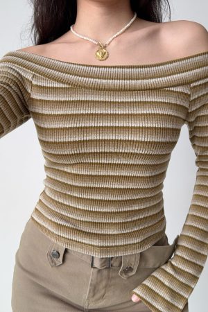 Sexy Off-the-Shoulder Striped Knitted Crop Top for Women - Slim Fit European and American Style Fashion Top