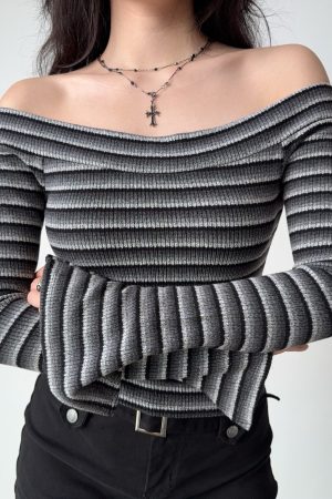Sexy Off-the-Shoulder Striped Knitted Crop Top for Women - Slim Fit European and American Style Fashion Top