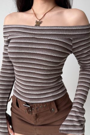 Sexy Off-the-Shoulder Striped Knitted Crop Top for Women - Slim Fit European and American Style Fashion Top