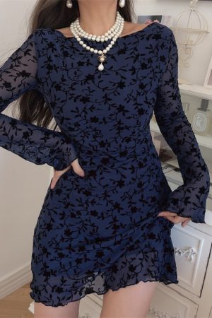 Sexy One-Shoulder Bell Sleeve Mesh Long Sleeve Dress - Handmade Early Autumn Style, Australian Niche Fashion