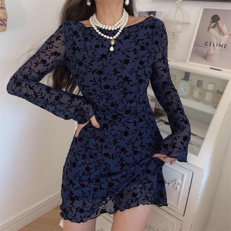 Sexy One-Shoulder Bell Sleeve Mesh Long Sleeve Dress - Handmade Early Autumn Style, Australian Niche Fashion Sexy One-Shoulder Bell Sleeve Mesh Long Sleeve Dress - Handmade Early Autumn Style, Australian Niche Fashion