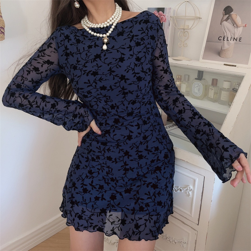 Sexy One-Shoulder Bell Sleeve Mesh Long Sleeve Dress - Handmade Early Autumn Style, Australian Niche Fashion Sexy One-Shoulder Bell Sleeve Mesh Long Sleeve Dress - Handmade Early Autumn Style, Australian Niche Fashion