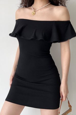 Sexy One-Shoulder Ruffled Black Bodycon Dress for Women - European American Style Short Skirt, Trendy Y2K Fashion