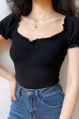 Sexy One-Shoulder Ruffled Puff Sleeve T-Shirt for Women - European & American Style Short Top, Trendy 90s Inspired Fashion