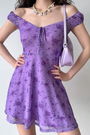 Sexy Retro Purple Rose Deep V-Neck Dress - Women's Slim A-Line Short Skirt - European American Style - Y2K Fashion
