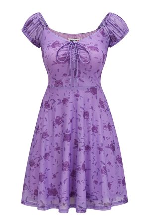 Sexy Retro Purple Rose Deep V-Neck Dress - Women's Slim A-Line Short Skirt - European American Style - Y2K Fashion