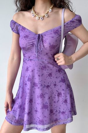 Sexy Retro Purple Rose Deep V-Neck Dress - Women's Slim A-Line Short Skirt - European American Style - Y2K Fashion