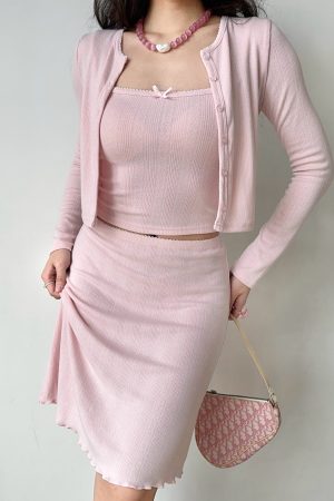 Sexy Sleeveless Long Sleeve Cardigan and Skirt Three-Piece Set - European American Style, Perfect for Hot Girl Vibes