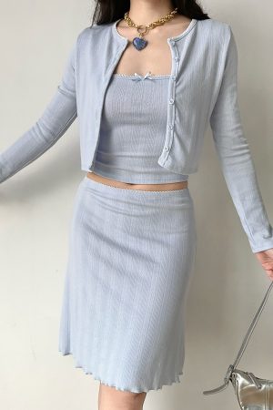 Sexy Sleeveless Long Sleeve Cardigan and Skirt Three-Piece Set - European American Style, Perfect for Hot Girl Vibes