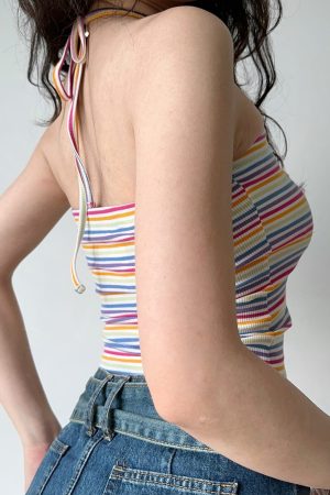 Sexy Slim-Fit Halter Tank Top for Women - Striped Strapless Summer Style, European and American Inspired, Hot Girl Vibe