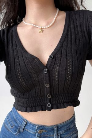 Sexy Slim-Fit V-Neck Hollow-Out Puff Sleeve Ruffled Cropped Knitted Cardigan - European American Style Women's Top