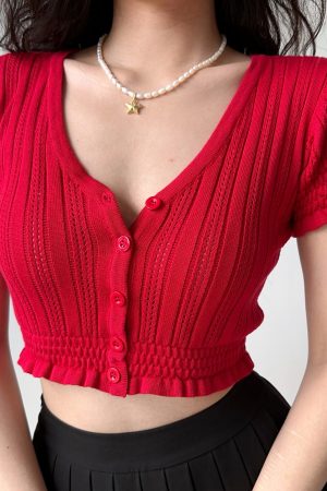 Sexy Slim-Fit V-Neck Hollow-Out Puff Sleeve Ruffled Cropped Knitted Cardigan - European American Style Women's Top