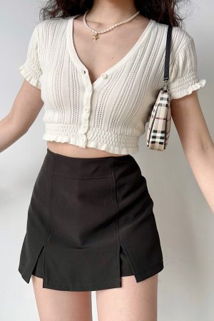 Sexy Slim-Fit V-Neck Hollow-Out Puff Sleeve Ruffled Cropped Knitted Cardigan - European American Style Women's Top