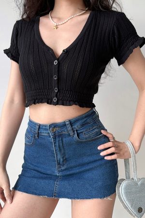 Sexy Slim-Fit V-Neck Hollow-Out Puff Sleeve Ruffled Cropped Knitted Cardigan - European American Style Women's Top