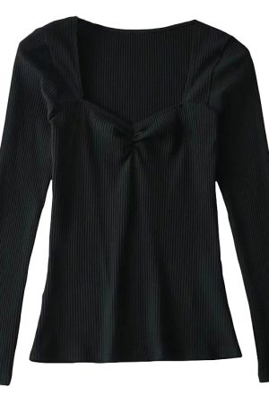 Sexy Square Neck Pleated Ribbed Stretch Long Sleeve T-Shirt Top - Early Spring European & American Style