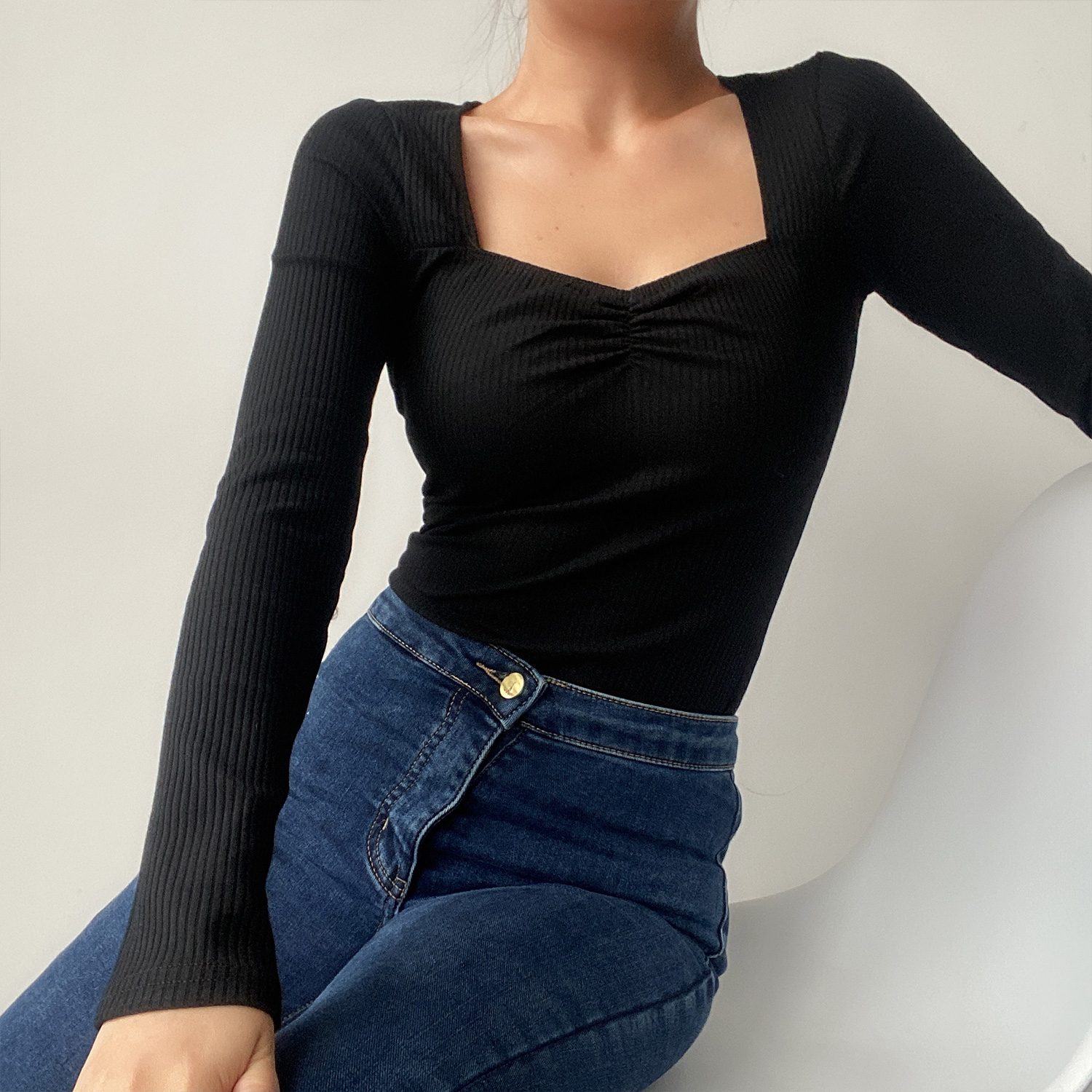 Sexy Square Neck Pleated Ribbed Stretch Long Sleeve T-Shirt Top - Early Spring European & American Style