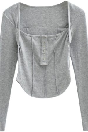 Sexy Square Neck Spliced Button Long Sleeve T-Shirt - Low-Cut Clavicle Top for Hot Girls - European American Style Fashion