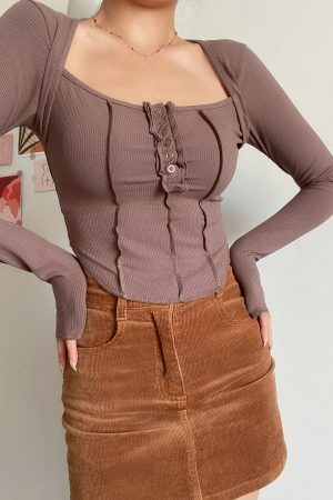 Sexy Square Neck Spliced Button Long Sleeve T-Shirt - Low-Cut Clavicle Top for Hot Girls - European American Style Fashion
