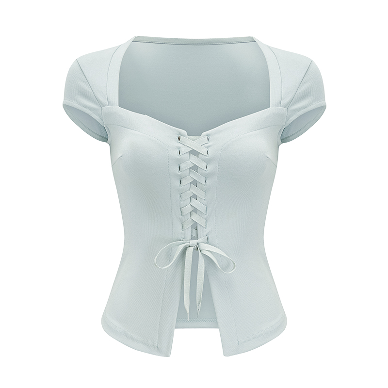 Sexy Strap Split Square Neck Short Sleeve T-Shirt for Women - European American Style, Slim Fit Summer Top for Spicy Girls Sexy Strap Split Square Neck Short Sleeve T-Shirt for Women - European American Style, Slim Fit Summer Top for Spicy Girls