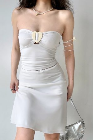 Sexy Strapless Fitted White Heart Button Top - Self-Made European American Style Sleeveless Outerwear for Hot Girls