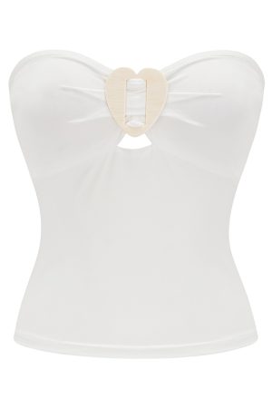 Sexy Strapless Fitted White Heart Button Top - Self-Made European American Style Sleeveless Outerwear for Hot Girls
