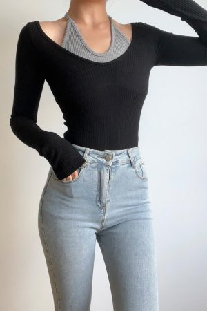 Sexy V-Neck Halter Tie Color-Blocking Ribbed High-Waisted Long Sleeve T-Shirt Top - European American Style