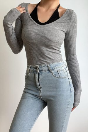 Sexy V-Neck Halter Tie Color-Blocking Ribbed High-Waisted Long Sleeve T-Shirt Top - European American Style