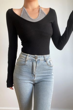 Sexy V-Neck Halter Tie Color-Blocking Ribbed High-Waisted Long Sleeve T-Shirt Top - European American Style