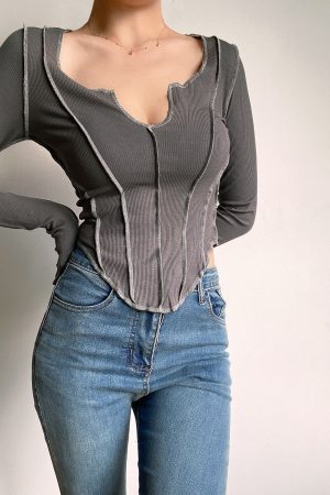 Sexy V-Neck Long Sleeve T-Shirt with Spliced Curved Hem, High-Waisted Slim Fit, Solid Color - European and American Style Fashion