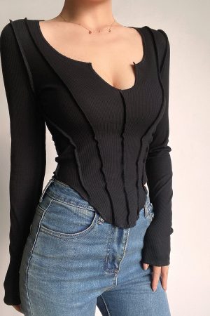 Sexy V-Neck Long Sleeve T-Shirt with Spliced Curved Hem, High-Waisted Slim Fit, Solid Color - European and American Style Fashion