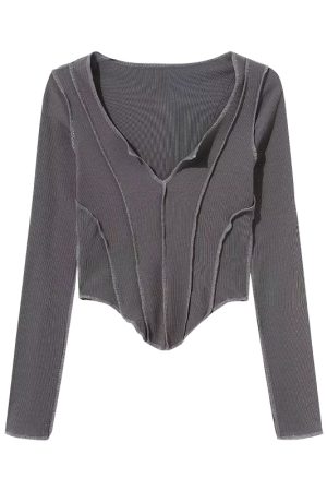 Sexy V-Neck Long Sleeve T-Shirt with Spliced Curved Hem, High-Waisted Slim Fit, Solid Color - European and American Style Fashion