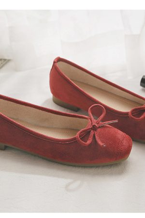 Sheepskin Evening Ballet Flats for Women, Shallow Mouth French Style Red Flats Perfect with Skirts, Elegant and Comfortable Footwear