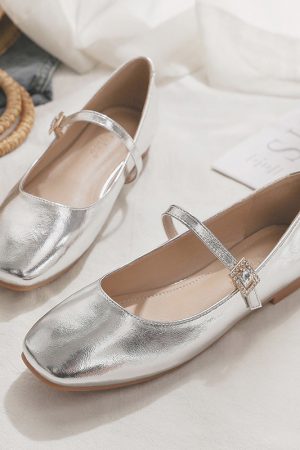 Sheepskin Mary Jane Shoes for Women - Spring Fairy Style Shallow Mouth Flat Loafers in Silver, Perfect for Skirts