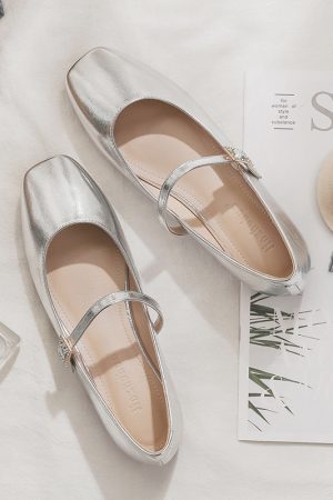 Sheepskin Mary Jane Shoes for Women - Spring Fairy Style Shallow Mouth Flat Loafers in Silver, Perfect for Skirts