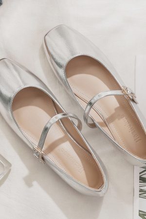 Sheepskin Mary Jane Shoes for Women - Spring Fairy Style Shallow Mouth Flat Loafers in Silver, Perfect for Skirts