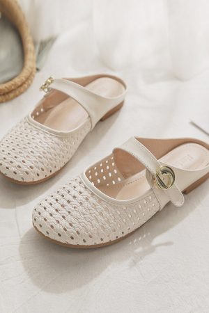 Sheepskin Slip-On Hollow-Out French Style Flat Open-Toe Half Slippers for Women - Summer Outdoor Footwear