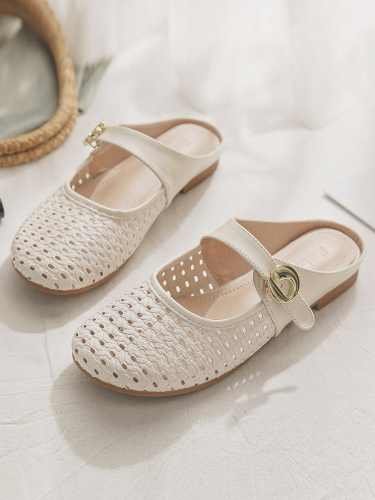 Sheepskin Slip-On Hollow-Out French Style Flat Open-Toe Half Slippers for Women - Summer Outdoor Footwear Sheepskin Slip-On Hollow-Out French Style Flat Open-Toe Half Slippers for Women - Summer Outdoor Footwear