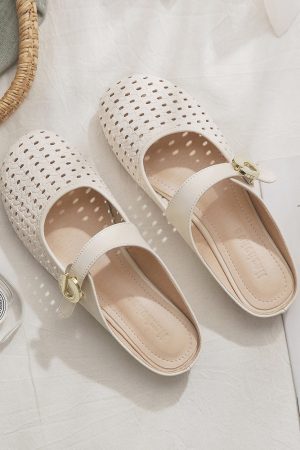 Sheepskin Slip-On Hollow-Out French Style Flat Open-Toe Half Slippers for Women - Summer Outdoor Footwear