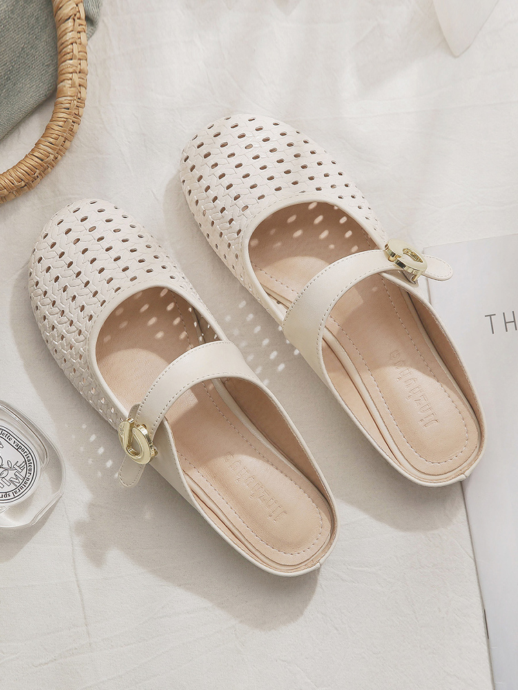 Sheepskin Slip-On Hollow-Out French Style Flat Open-Toe Half Slippers for Women - Summer Outdoor Footwear Sheepskin Slip-On Hollow-Out French Style Flat Open-Toe Half Slippers for Women - Summer Outdoor Footwear