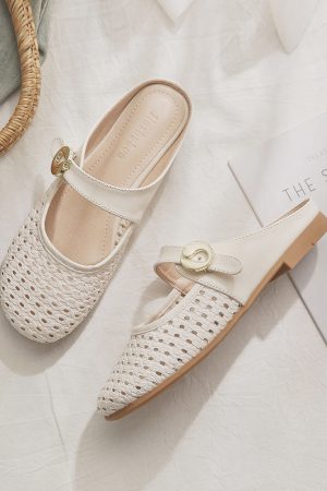 Sheepskin Slip-On Hollow-Out French Style Flat Open-Toe Half Slippers for Women - Summer Outdoor Footwear