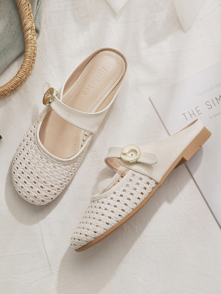 Sheepskin Slip-On Hollow-Out French Style Flat Open-Toe Half Slippers for Women - Summer Outdoor Footwear Sheepskin Slip-On Hollow-Out French Style Flat Open-Toe Half Slippers for Women - Summer Outdoor Footwear