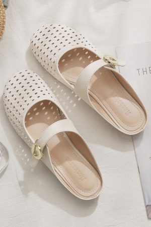 Sheepskin Slip-On Hollow-Out French Style Flat Open-Toe Half Slippers for Women - Summer Outdoor Footwear