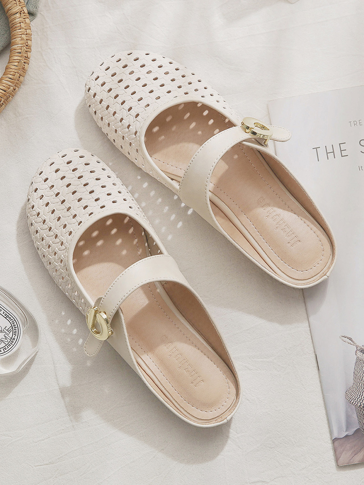 Sheepskin Slip-On Hollow-Out French Style Flat Open-Toe Half Slippers for Women - Summer Outdoor Footwear Sheepskin Slip-On Hollow-Out French Style Flat Open-Toe Half Slippers for Women - Summer Outdoor Footwear