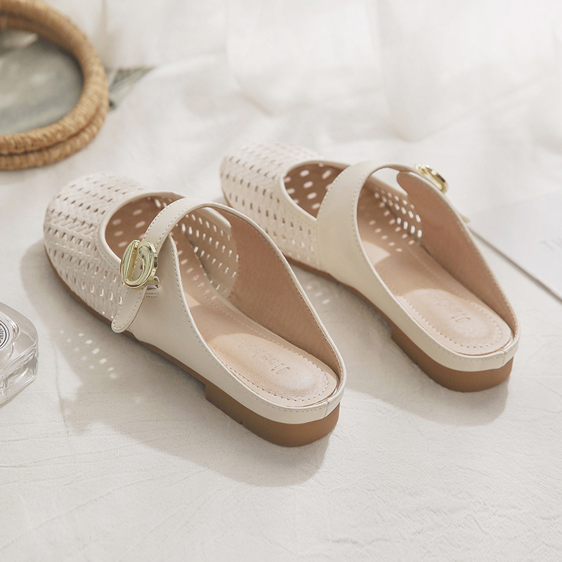 Sheepskin Slip-On Hollow-Out French Style Flat Open-Toe Half Slippers for Women - Summer Outdoor Footwear Sheepskin Slip-On Hollow-Out French Style Flat Open-Toe Half Slippers for Women - Summer Outdoor Footwear