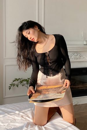 Sheer Black Long-Sleeve Cardigan - Sexy Slim-Fit Hollow-Out Design for 90s Y2K Style Fashion