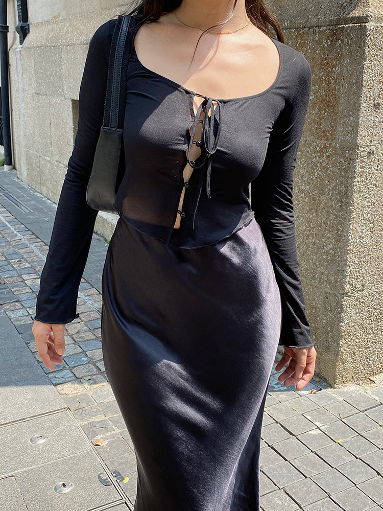 Sheer Black Long-Sleeve Cardigan - Sexy Slim-Fit Hollow-Out Design for 90s Y2K Style Fashion Sheer Black Long-Sleeve Cardigan - Sexy Slim-Fit Hollow-Out Design for 90s Y2K Style Fashion